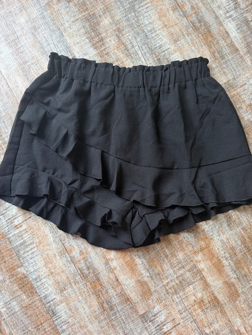 Black Ruffle Mini Skort Women's Size Large Two Tiers Boho Built In Lined Shorts